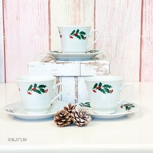 Vintage Alco Holly and Berries Porcelain Christmas Cups & Saucers Set of 3